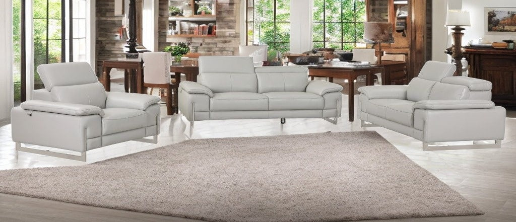 Three Piece Indoor Light Gray Italian Leather Six Person Seating Set