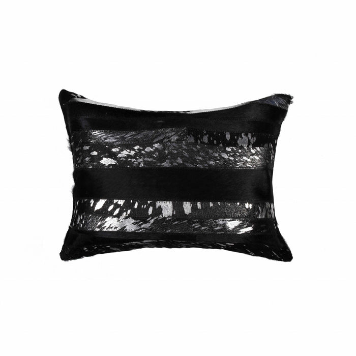 12" X 20" Black and Silver Cowhide Throw Pillow