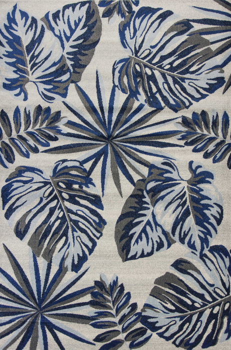 10'X13' Grey Blue Machine Woven Tropical Leaves Indoor Area Rug