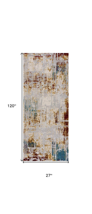10' Ivory and Gold Abstract Runner Rug