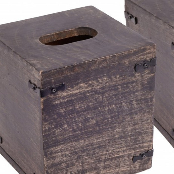 Set of 2 Rustic Dark Burnt Mango Wood Square Tissue Holders