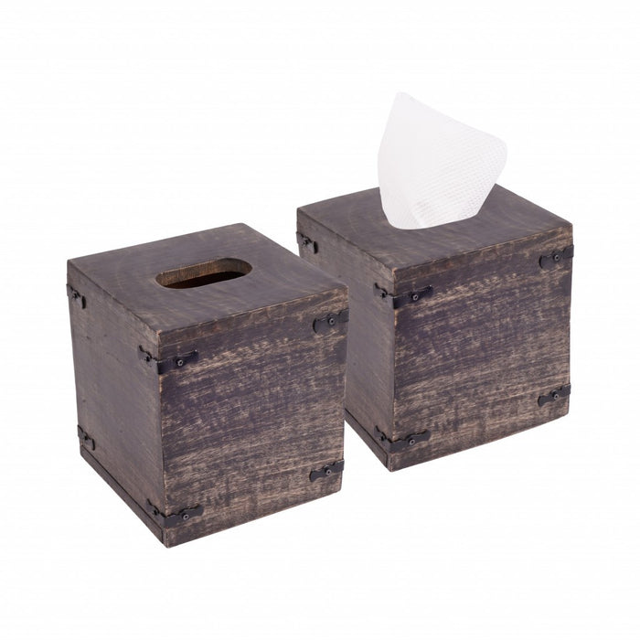 Set of 2 Rustic Dark Burnt Mango Wood Square Tissue Holders