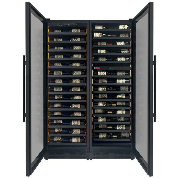 Reserva Series 134 Bottle 71" Tall Three Zone Black Side-by-Side Shallow Wine Refrigerator Console