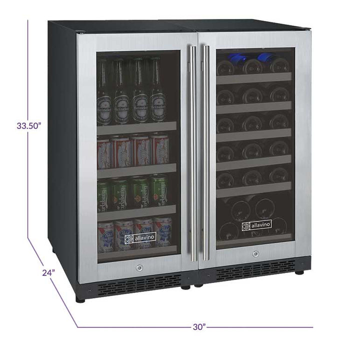 30" Wide FlexCount II Tru-Vino 30 Bottle/88 Can Three Zone Stainless Steel Side-by-Side Wine Refrigerator/Beverage Center