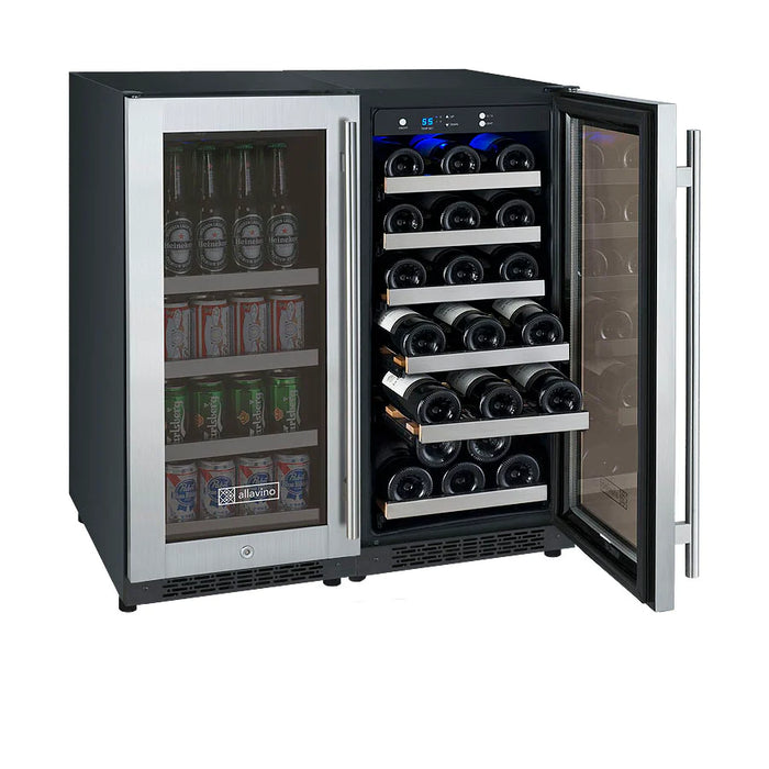 30" Wide FlexCount II Tru-Vino 30 Bottle/88 Can Three Zone Stainless Steel Side-by-Side Wine Refrigerator/Beverage Center