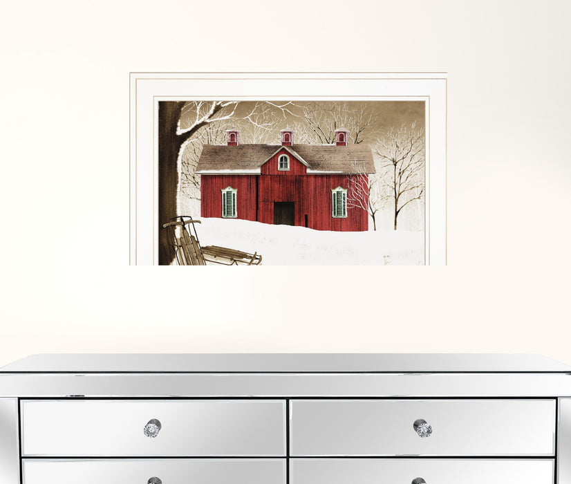 New Fallen Snow with Sleds and Red Barn White Framed Print Wall Art