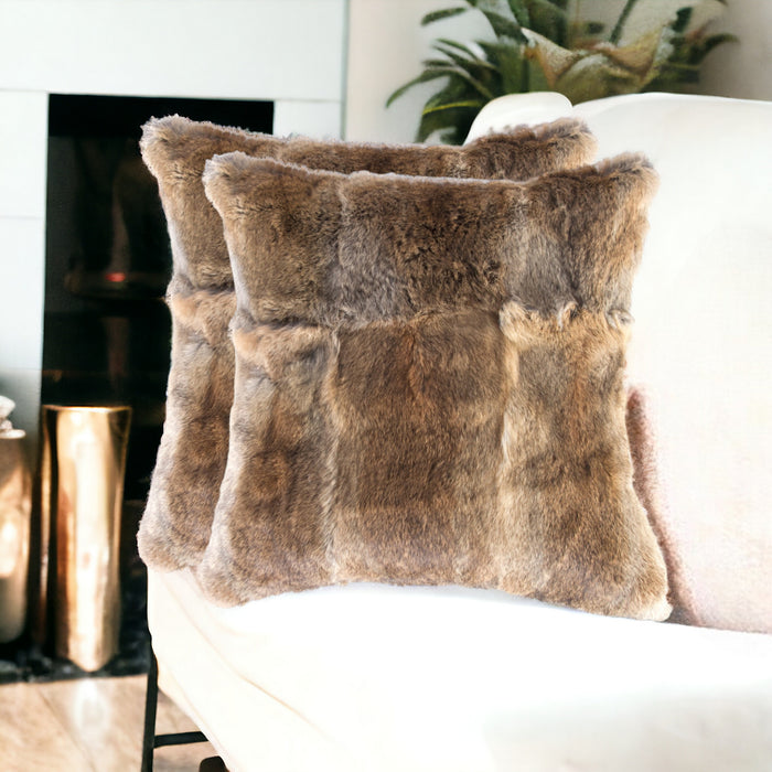 Set of Two 18" Brown Rabbit Natural Fur Throw Pillow