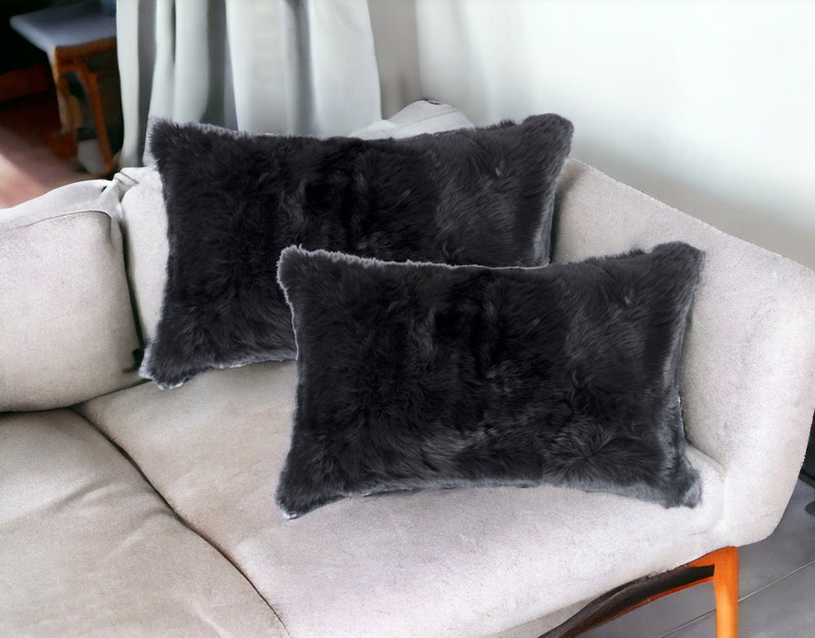 Set Of Two 12" X 20" Black Rabbit Natural Fur Throw Pillows