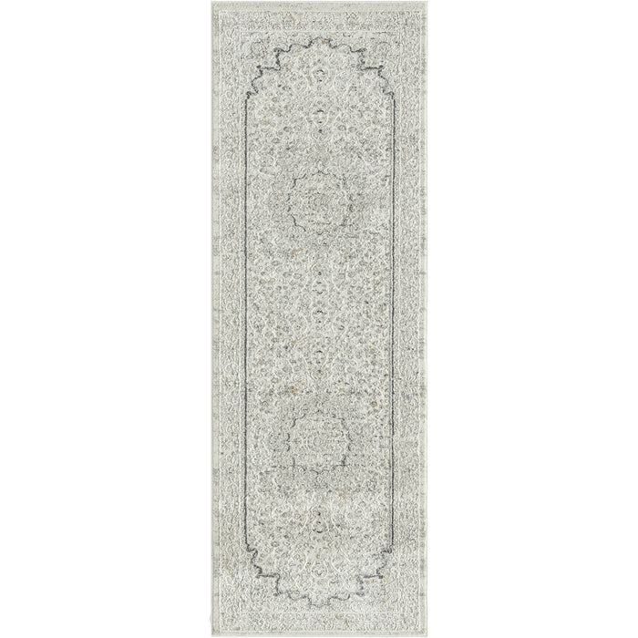 2' X 6' Ivory and Gray Floral Medallion Power Loom Stain Resistant Area Rug