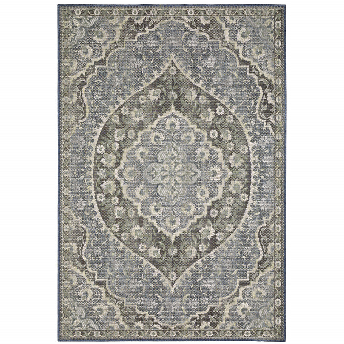 8' x 10' Blue and Green Oriental Stain Resistant Indoor Outdoor Area Rug