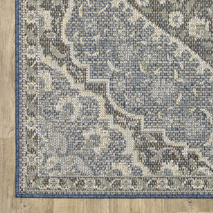 8' x 10' Blue and Green Oriental Stain Resistant Indoor Outdoor Area Rug