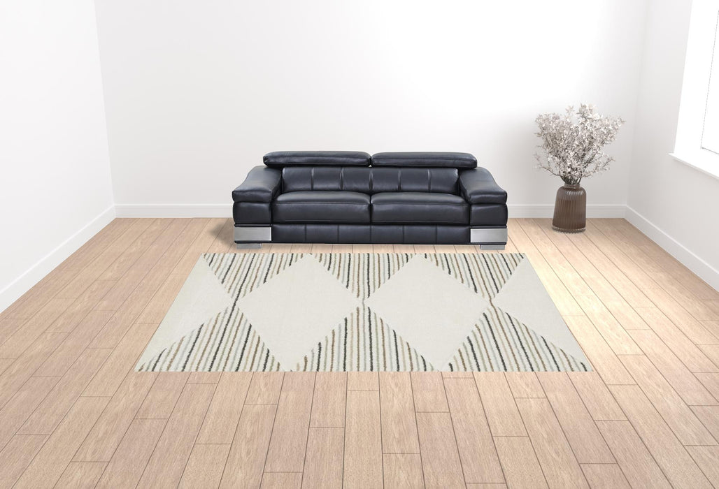 10' X 13' Beige Grey Sage Green Pale Blue Brown And Charcoal Geometric Power Loom Stain Resistant Area Rug