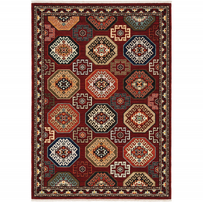 10' X 13' Red Blue Brown And Beige Oriental Power Loom Stain Resistant Area Rug With Fringe