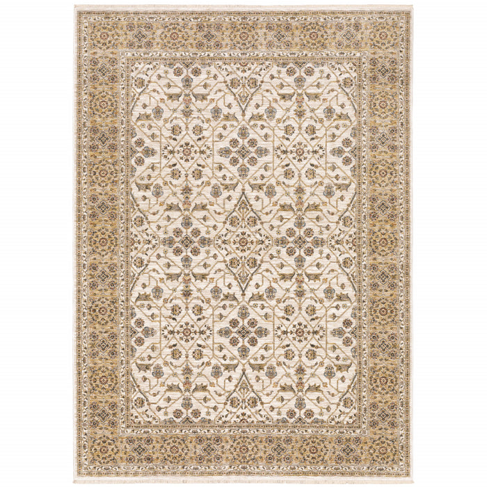 10' X 13' Ivory And Gold Oriental Power Loom Stain Resistant Area Rug With Fringe