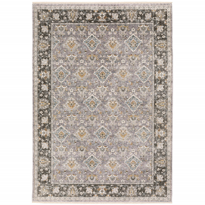 10' X 13' Grey And Blue Oriental Power Loom Stain Resistant Area Rug With Fringe