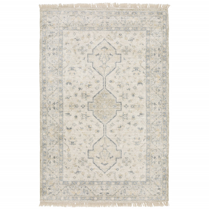 10' X 13' Beige And Charcoal Oriental Hand Loomed Stain Resistant Area Rug With Fringe