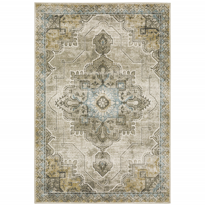 10' X 13' Grey Blue Beige And Gold Oriental Power Loom Stain Resistant Area Rug