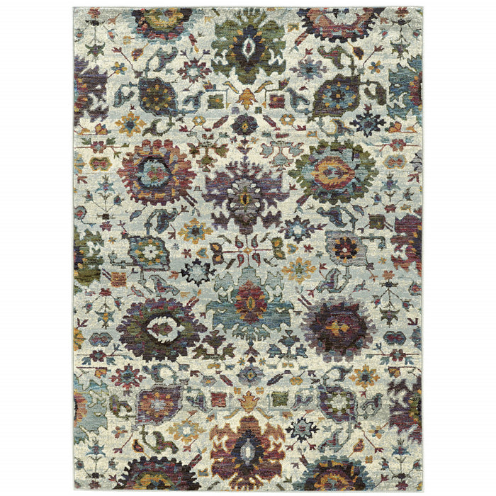 10' X 13' Stone Grey Purple Green Gold And Teal Oriental Power Loom Stain Resistant Area Rug