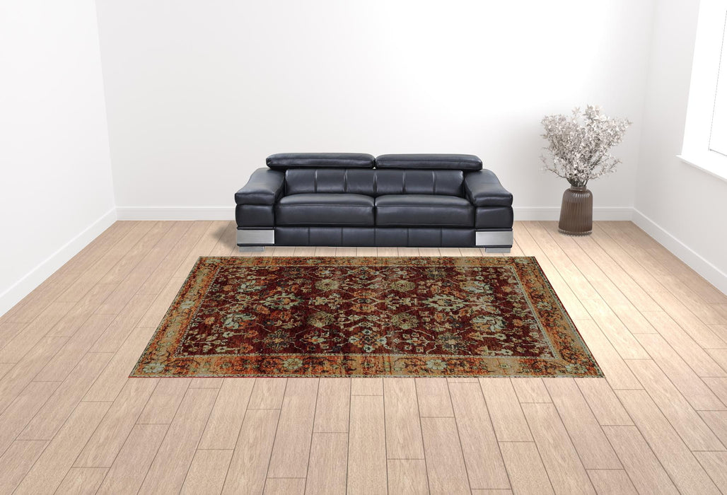 10' X 13' Red Gold And Green Oriental Power Loom Stain Resistant Area Rug