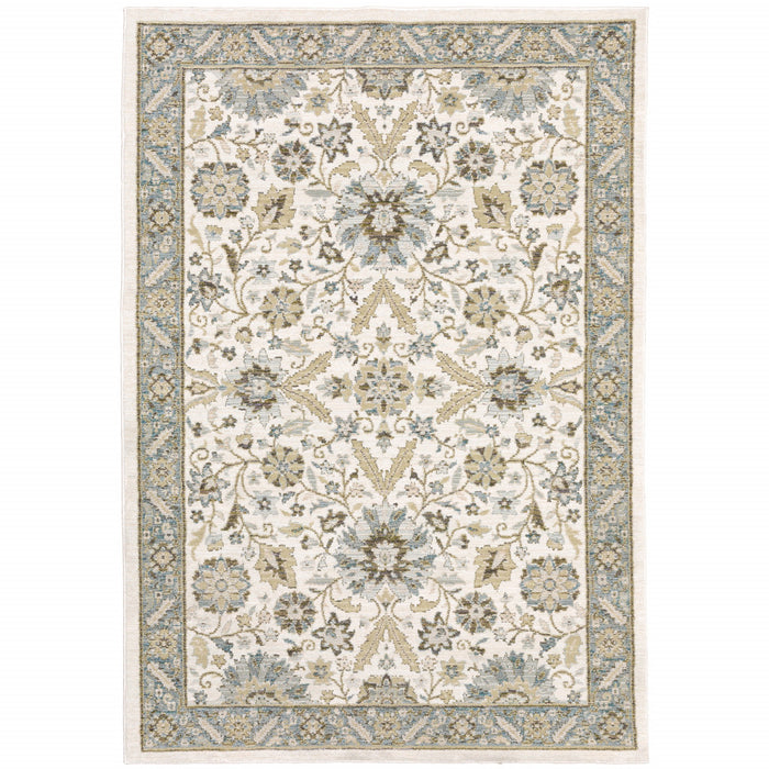 10' X 13' Stone Grey Ivory Green Brown Teal And Light Blue Oriental Power Loom Stain Resistant Area Rug