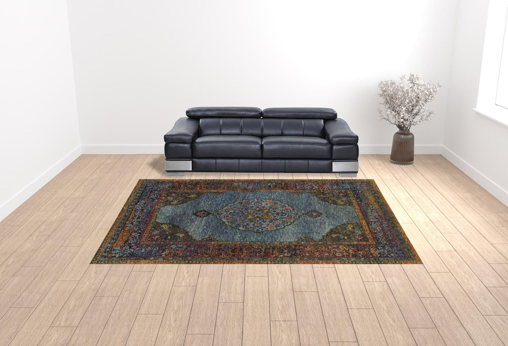 10' X 13' Blue Gold Green Red Orange And Purple Oriental Power Loom Stain Resistant Area Rug