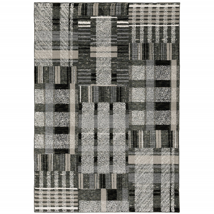 10' X 13' Black Grey And Ivory Geometric Power Loom Stain Resistant Area Rug