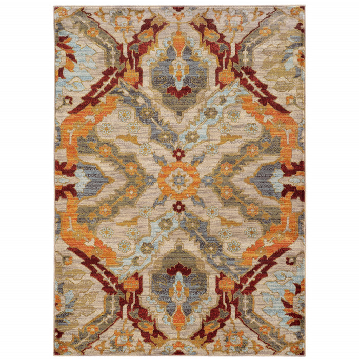 10' X 13' Beige Orange Blue Gold And Grey Abstract Power Loom Stain Resistant Area Rug