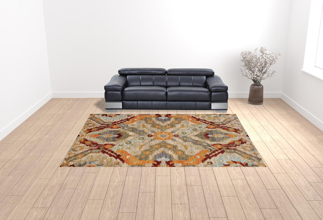 10' X 13' Beige Orange Blue Gold And Grey Abstract Power Loom Stain Resistant Area Rug