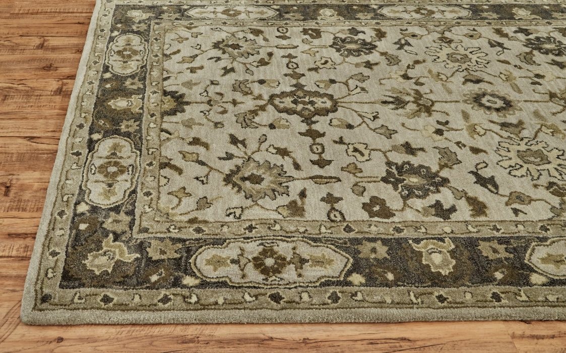 10' Gray Ivory And Taupe Wool Floral Tufted Handmade Stain Resistant Runner Rug