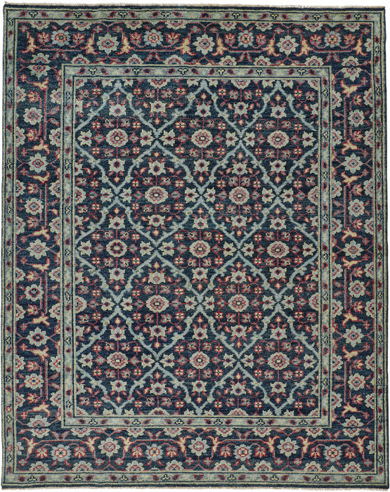 10' X 13' Blue Green And Red Wool Floral Hand Knotted Distressed Stain Resistant Area Rug With Fringe