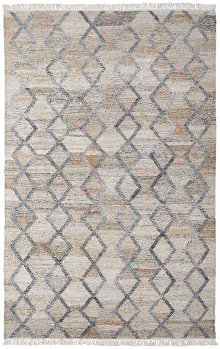 10' X 13' Gray Ivory And Tan Geometric Hand Woven Stain Resistant Area Rug With Fringe