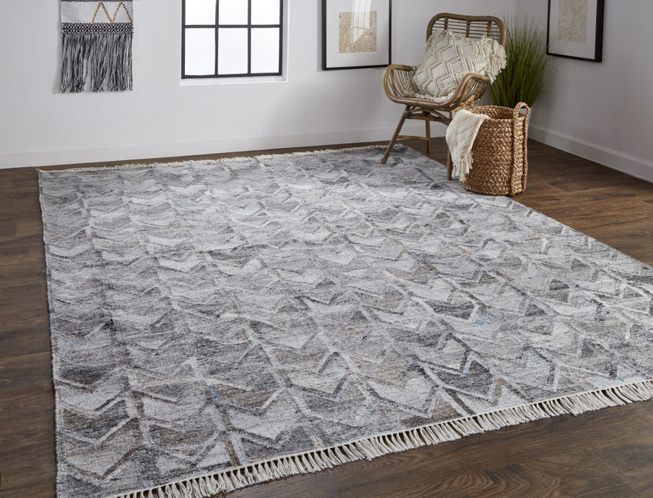 10' X 13' Gray Silver And Taupe Geometric Hand Woven Stain Resistant Area Rug With Fringe