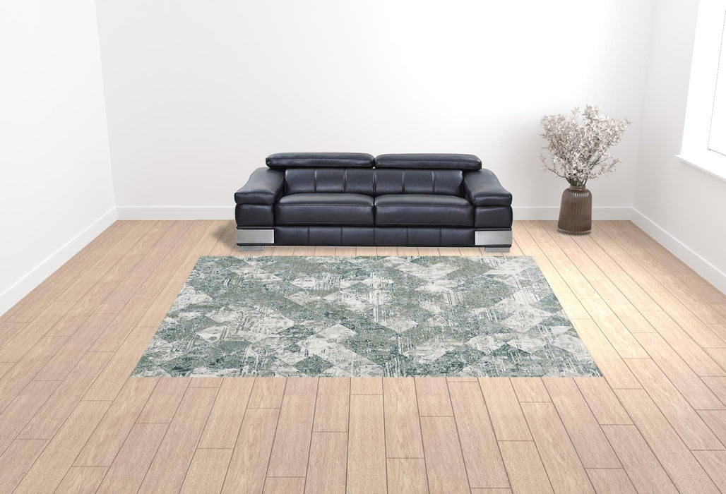 10' X 13' Green And Ivory Patchwork Distressed Stain Resistant Area Rug