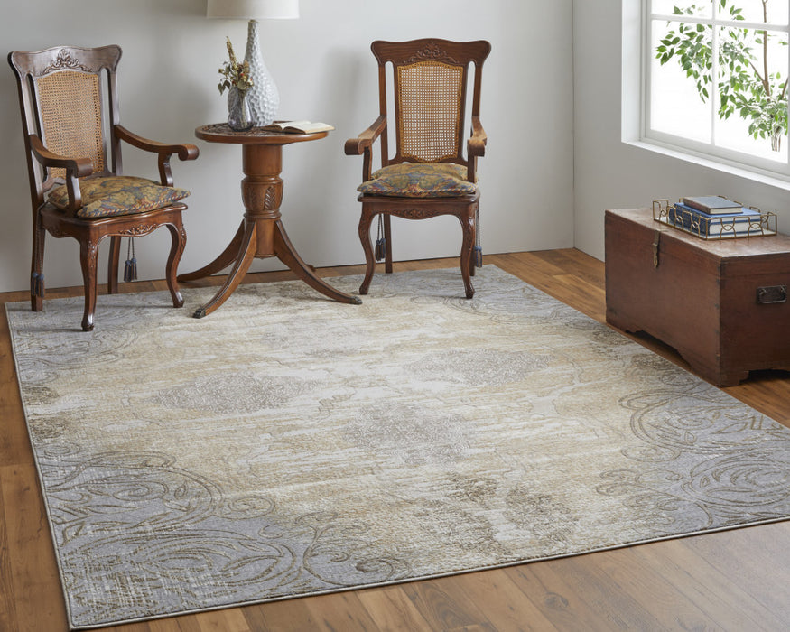 12' X 15' Silver Tan And Gray Floral Power Loom Area Rug