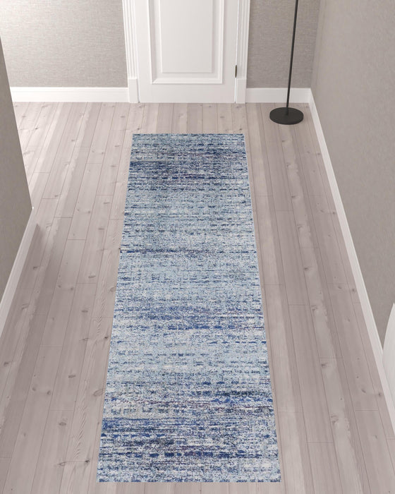 10' Blue and Ivory Abstract Power Loom Runner Rug