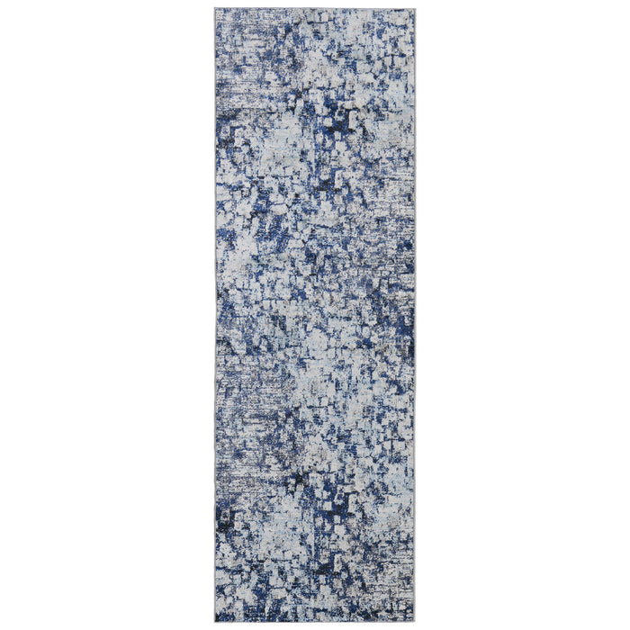 10' Blue and Ivory Abstract Power Loom Distressed Runner Rug
