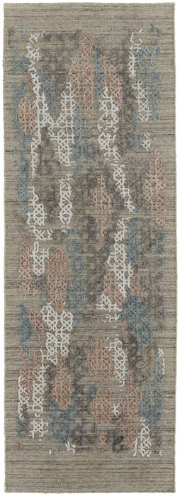 10' Pink Blue And Taupe Abstract Hand Woven Runner Rug