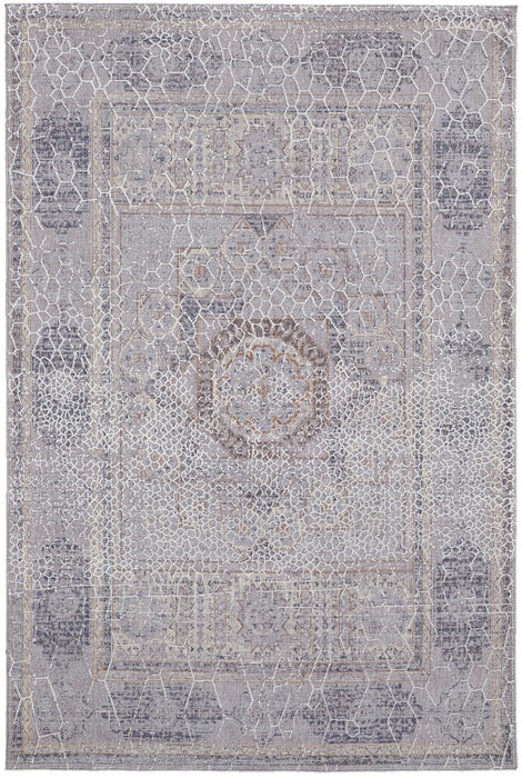 12' X 15' Gray And Ivory Floral Power Loom Distressed Stain Resistant Area Rug