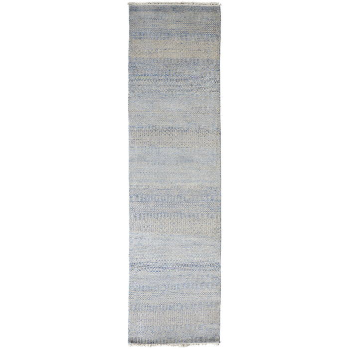 10' Blue and Silver Wool Striped Hand KNotted Runner Rug