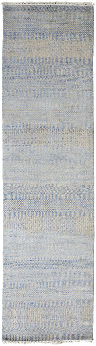 12' Blue And Silver Wool Striped Hand Knotted Runner Rug