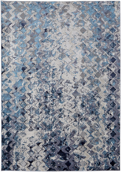 10' X 13' Blue Ivory And Gray Geometric Power Loom Distressed Area Rug