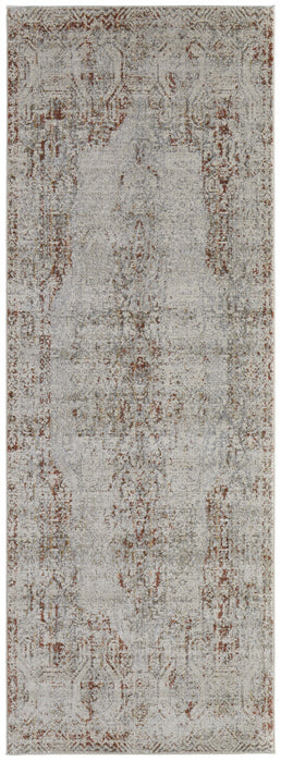 12' Tan Ivory And Orange Floral Power Loom Distressed Runner Rug With Fringe