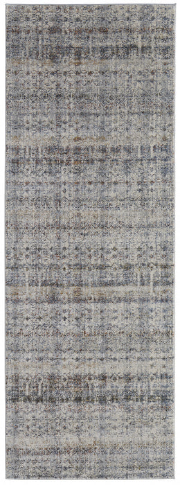 10' Tan Ivory And Blue Geometric Power Loom Distressed Runner Rug With Fringe
