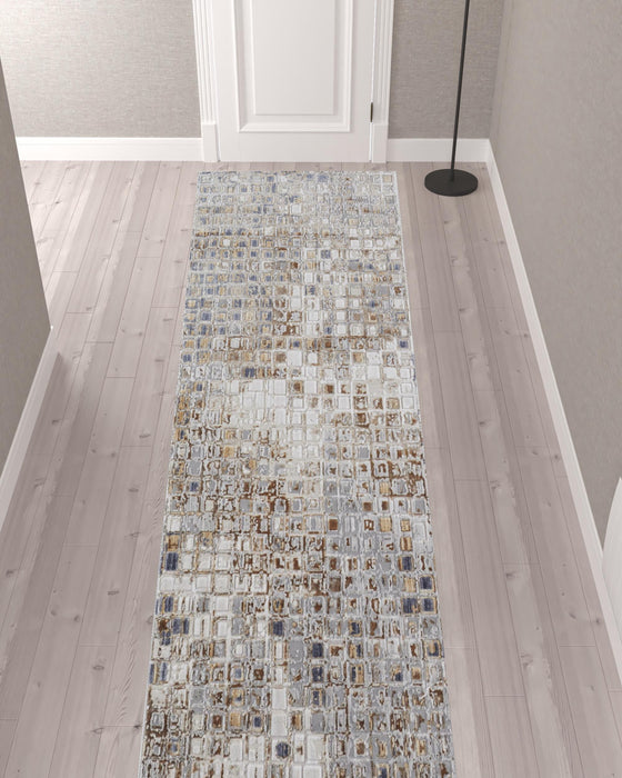 12' Tan Ivory And Blue Geometric Power Loom Distressed Runner Rug