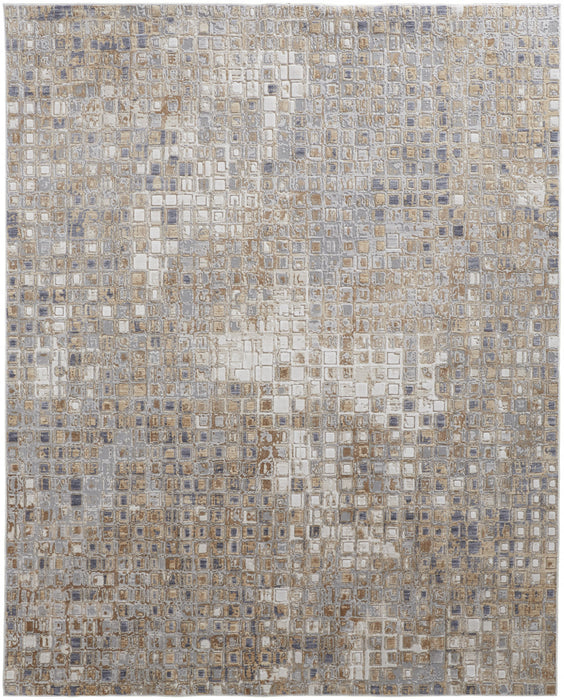 12' X 15' Tan Ivory And Blue Geometric Power Loom Distressed Area Rug