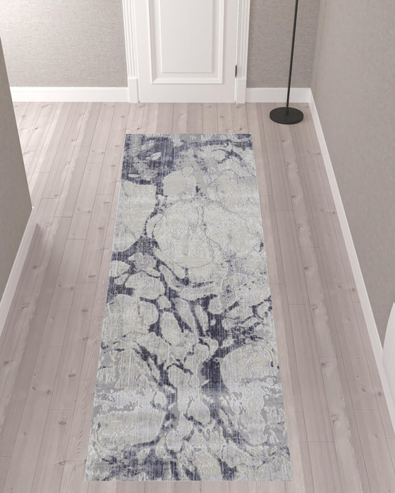 10' Ivory And Blue Abstract Power Loom Distressed Runner Rug