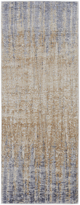 10' Tan Brown And Blue Abstract Power Loom Distressed Runner Rug