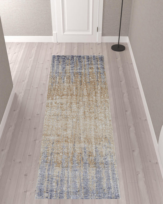 10' Tan Brown And Blue Abstract Power Loom Distressed Runner Rug