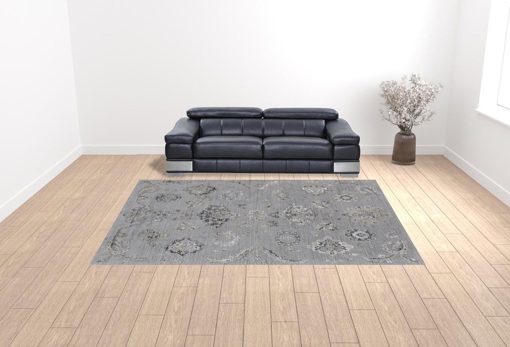 10' X 13' Silver And Black Floral Power Loom Distressed Area Rug