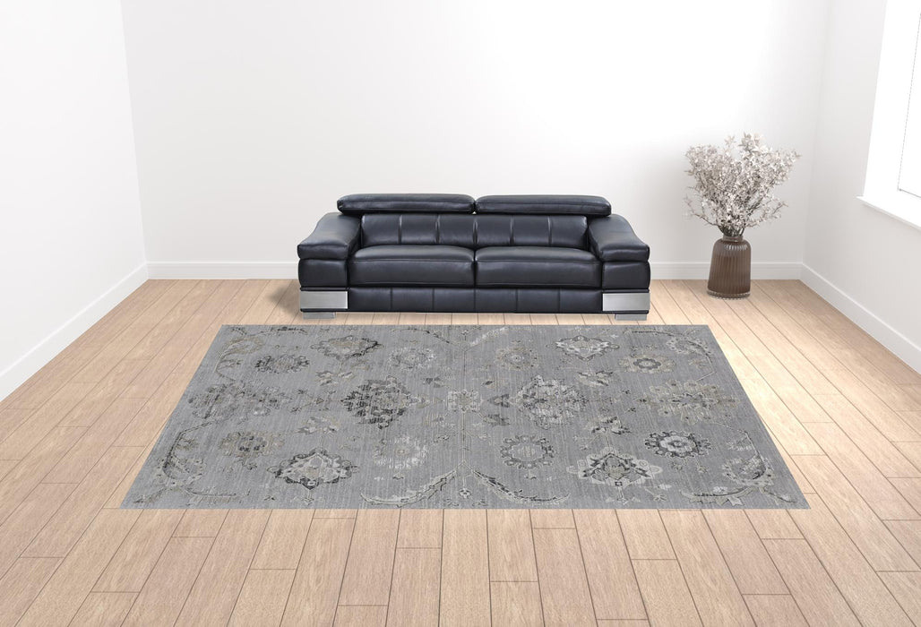 12' X 15' Silver And Black Floral Power Loom Distressed Area Rug